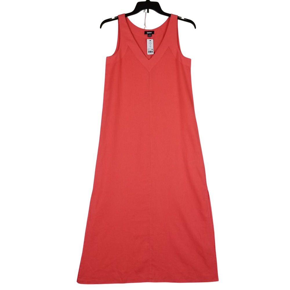 DKNY Maxi Dress Women XS Pink Linen Blend Sleeveless V-Neck P61C8FZK